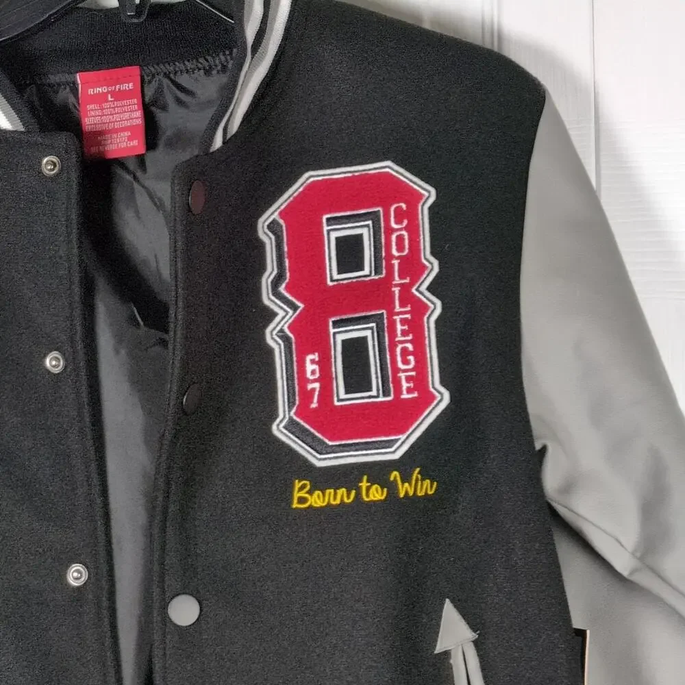 Ring of Fire Boys Varsity Jacket L Black Faux Leather Basketball Bomber NWT